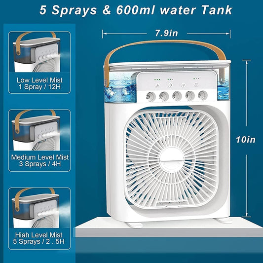 Portable Air Cooler Fan – Mini Evaporative Cooling Fan with 5 Spray Misting Nozzles, 3-Speed Personal Desk Fan, and Built-In Night Light