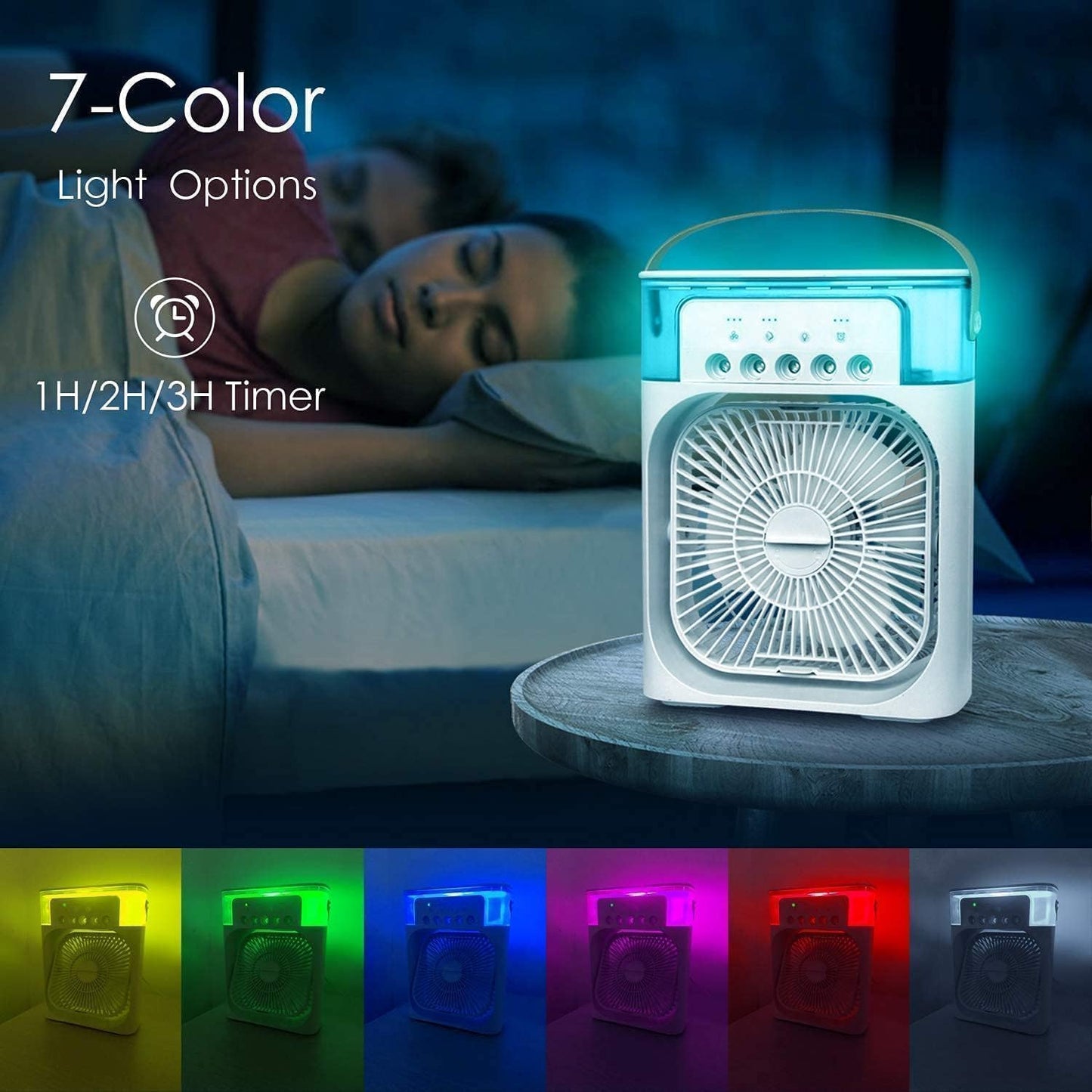 Portable Air Cooler Fan – Mini Evaporative Cooling Fan with 5 Spray Misting Nozzles, 3-Speed Personal Desk Fan, and Built-In Night Light