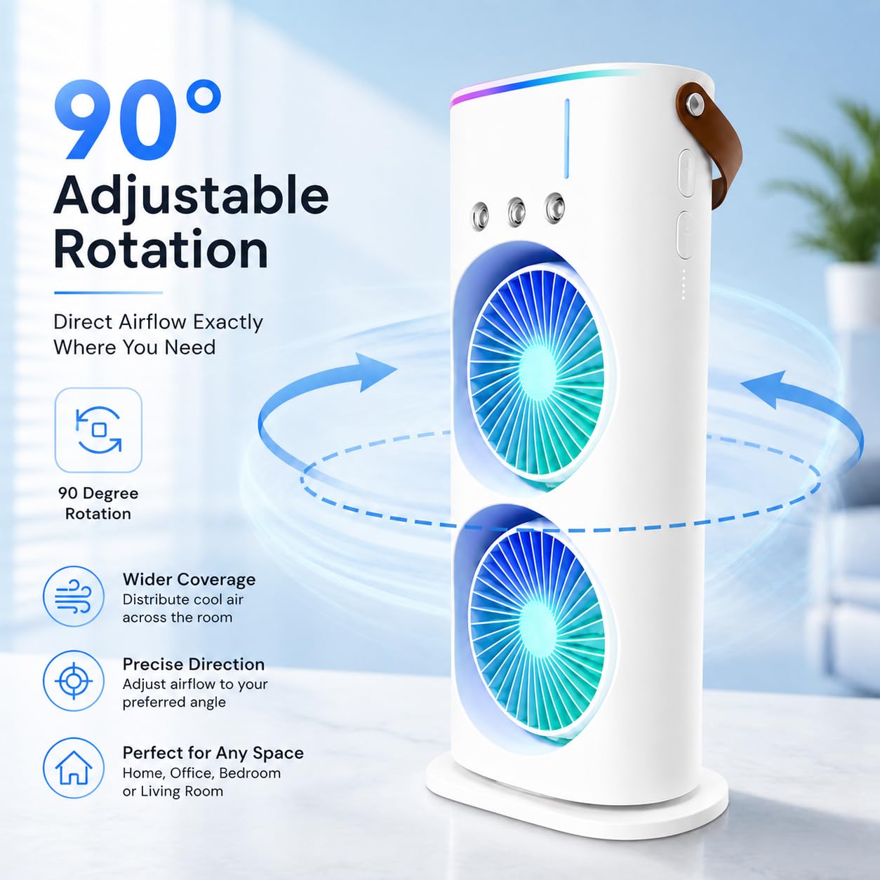 MIKANIX Mini Dual Air Fan Cooler | Mist Spray with 3 Wind Speed Mode | 90° Adjustable Rotation for Room, Kitchen, Home & Office Desk with USB Cable