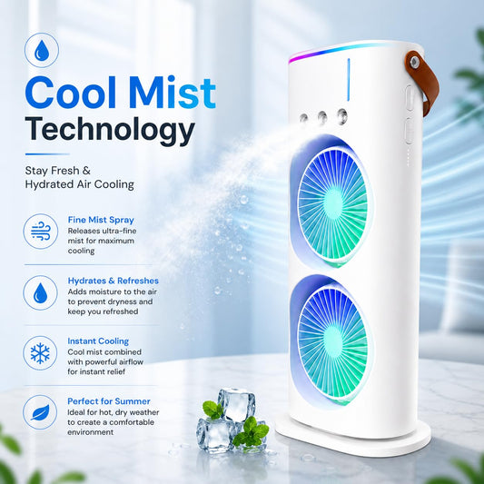 MIKANIX Mini Dual Air Fan Cooler | Mist Spray with 3 Wind Speed Mode | 90° Adjustable Rotation for Room, Kitchen, Home & Office Desk with USB Cable