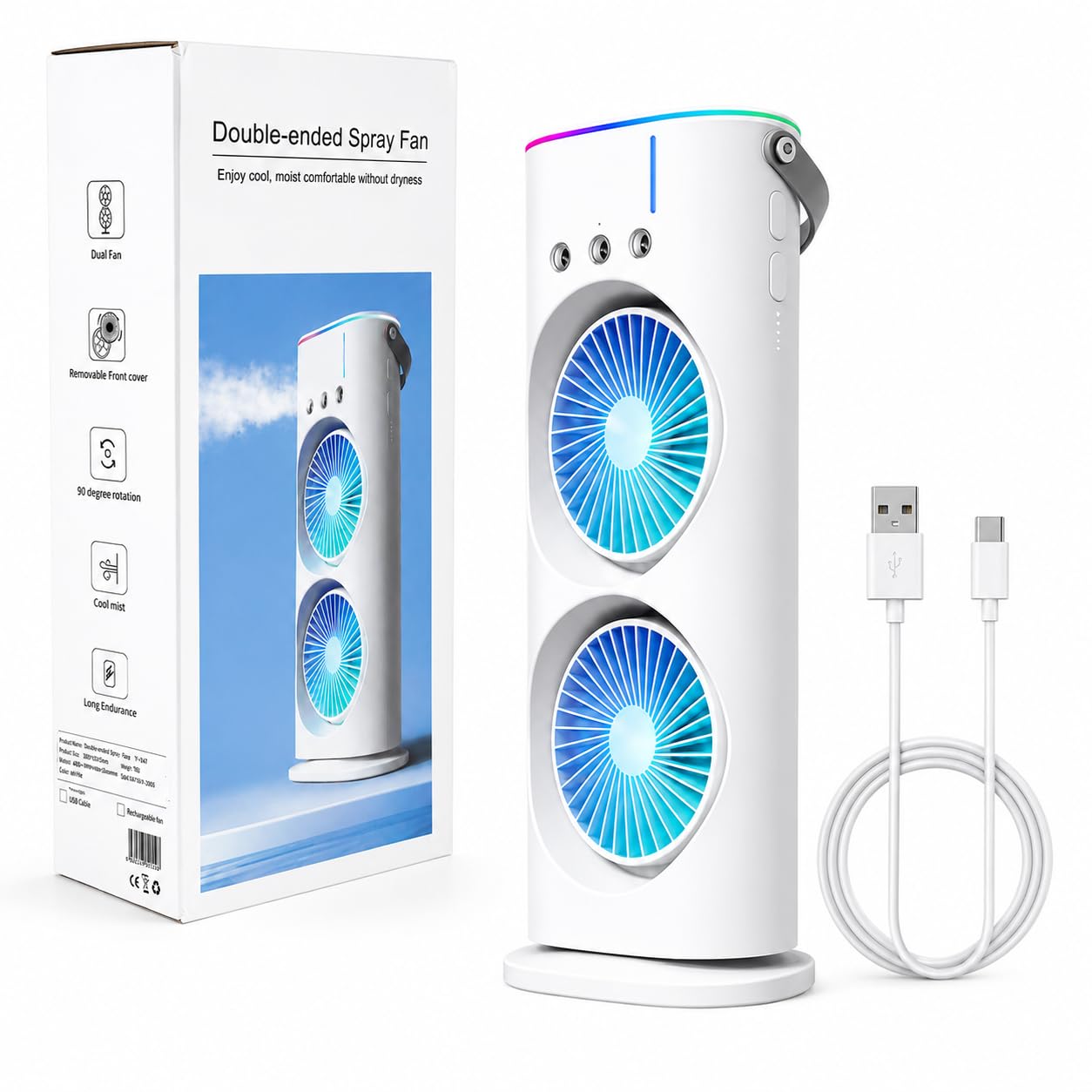MIKANIX Mini Dual Air Fan Cooler | Mist Spray with 3 Wind Speed Mode | 90° Adjustable Rotation for Room, Kitchen, Home & Office Desk with USB Cable
