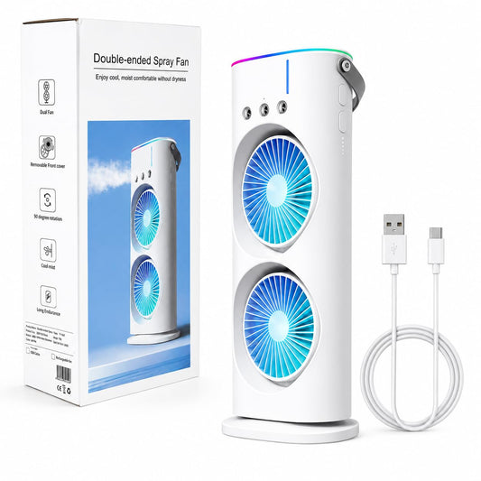 MIKANIX Mini Dual Air Fan Cooler | Mist Spray with 3 Wind Speed Mode | 90° Adjustable Rotation for Room, Kitchen, Home & Office Desk with USB Cable