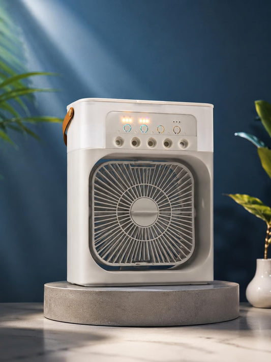 Portable Air Cooler Fan – Mini Evaporative Cooling Fan with 5 Spray Misting Nozzles, 3-Speed Personal Desk Fan, and Built-In Night Light