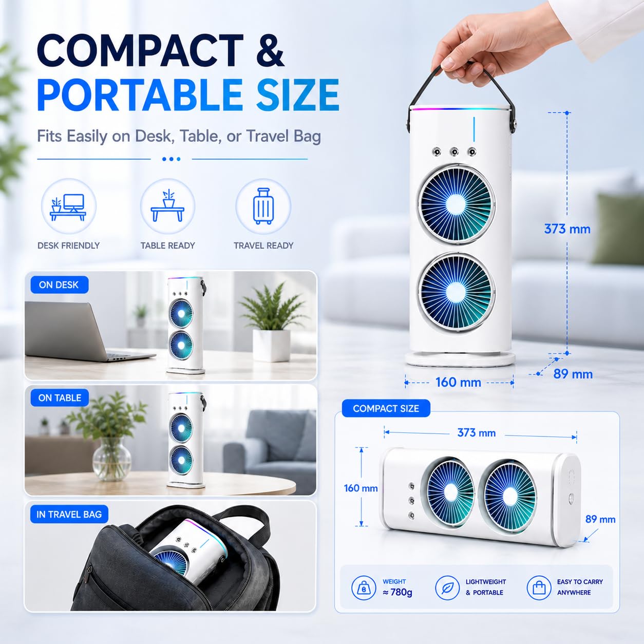 MIKANIX Mini Dual Air Fan Cooler | Mist Spray with 3 Wind Speed Mode | 90° Adjustable Rotation for Room, Kitchen, Home & Office Desk with USB Cable