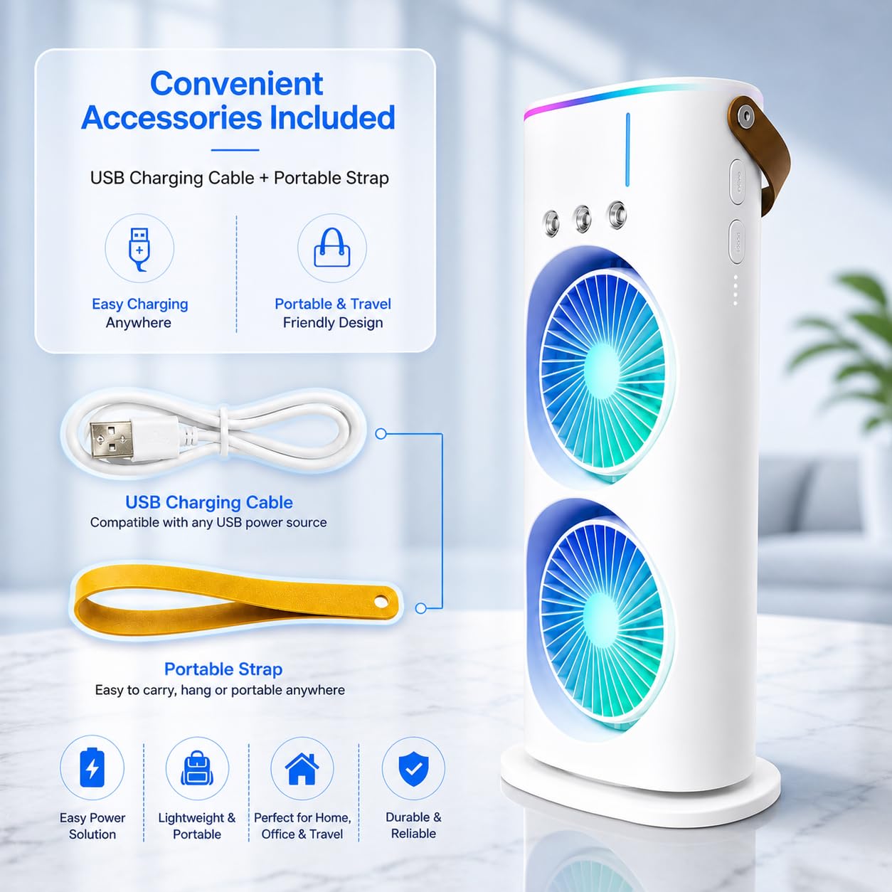 MIKANIX Mini Dual Air Fan Cooler | Mist Spray with 3 Wind Speed Mode | 90° Adjustable Rotation for Room, Kitchen, Home & Office Desk with USB Cable