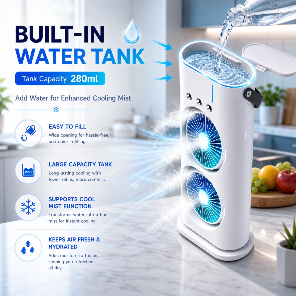 MIKANIX Mini Dual Air Fan Cooler | Mist Spray with 3 Wind Speed Mode | 90° Adjustable Rotation for Room, Kitchen, Home & Office Desk with USB Cable